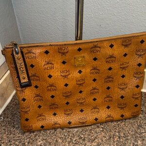 MCM Cognac Visetos Printed Leather large Zip Pouch EUC